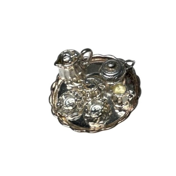 Dollhouse Miniature Silver Tea Service Tray Coffee Pot cup saucer cream sugar - Picture 4 of 4